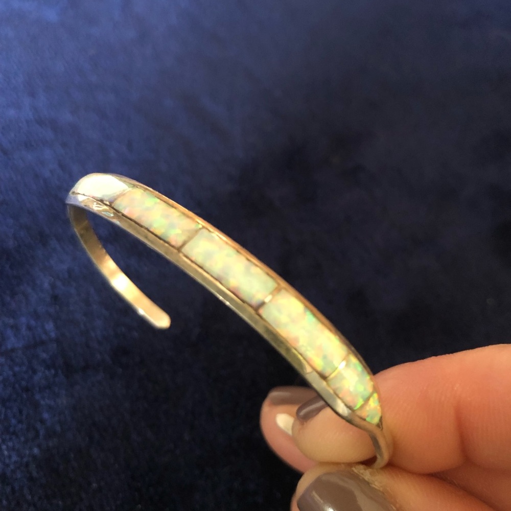 Bracelet. Australian Opal and Sterling Silver Cuff Bracelet. Marked. 6.5”